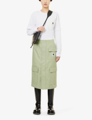 Shop Sacai X Carhartt Wip Women's Lgreen Brand-patch Cotton-canvas Midi Skirt