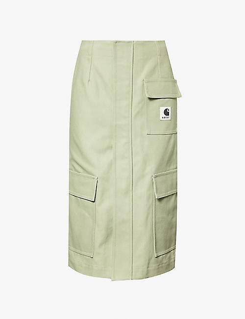 SACAI X CARHARTT WIP: Sacai x Carhartt WIP brand-patch cotton-canvas midi skirt