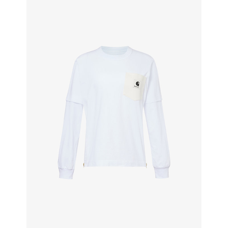Shop Sacai X Carhartt Wip Women's White Brand-patch Cotton-jersey T-shirt