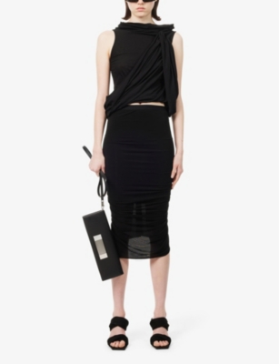 Shop Rick Owens Shrimp Ruched Stretch-mesh Midi Skirt In Black