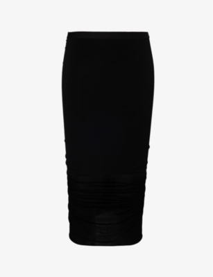 Shop Rick Owens Womens Black Shrimp Ruched Stretch-mesh Midi Skirt