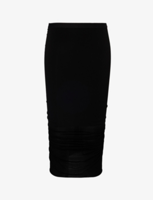 Rick Owens Shrimp Ruched Cupro-blend Jersey Midi Pencil Skirt In Black