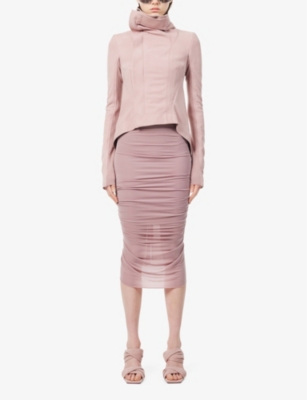 Shop Rick Owens Shrimp Ruched Stretch-mesh Midi Skirt In Dusty Pink
