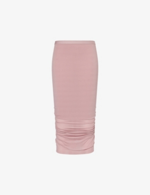 Shop Rick Owens Shrimp Ruched Stretch-mesh Midi Skirt In Dusty Pink