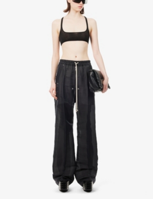 Shop Rick Owens Women's Black Drawstring-waist Wide-leg High-rise Silk-blend Trousers