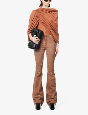 Shop Rick Owens Womens Brown High-rise Slim-fit Flared Denim-blend Trousers