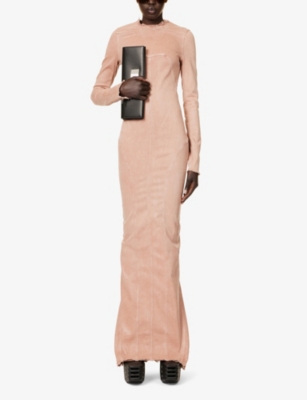 Shop Rick Owens Long-sleeved Panelled Denim-blend Maxi Dress In Dark Pink