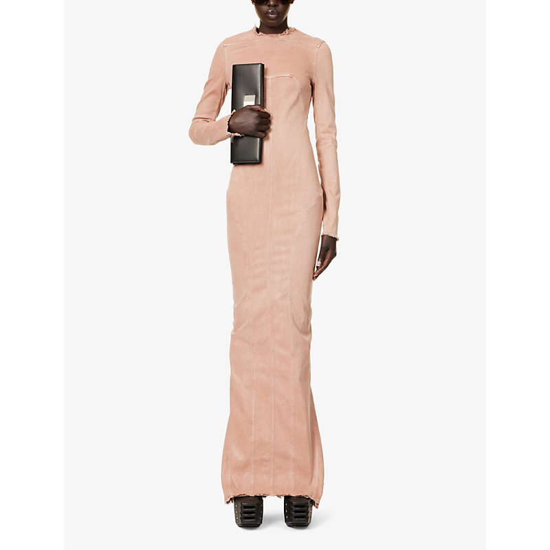 Shop Rick Owens Women's Dark Pink Long-sleeved Panelled Denim-blend Maxi Dress