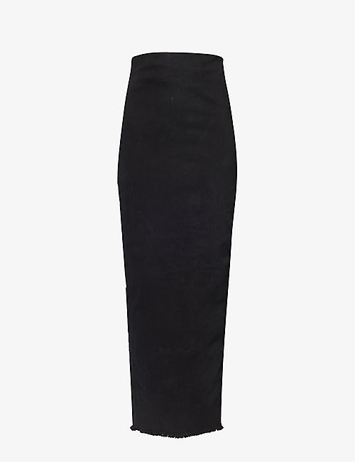 RICK OWENS: Pillar high-waist stretch-denim blend maxi skirt