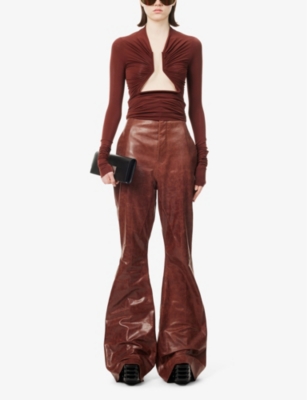 Shop Rick Owens Women's Henna Dirt Straight-leg High-rise Crinkled Leather Trousers