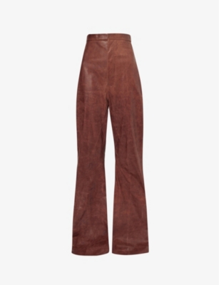 Rick Owens Womens Henna Dirt Straight-leg High-rise Crinkled Leather Trousers