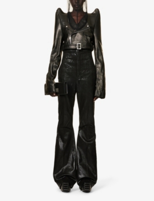 Shop Rick Owens Women's Black Pointed-shoulder Cropped Leather Jacket