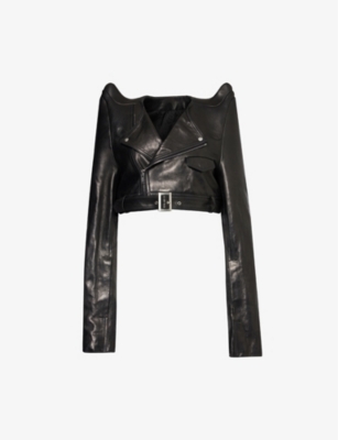 Rick Owens Womens Black Pointed-shoulder Cropped Leather Jacket