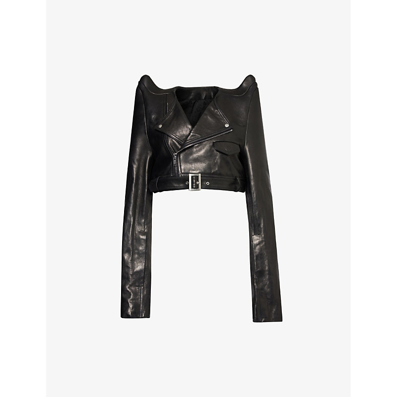 Rick Owens Womens Black Pointed-shoulder Cropped Leather Jacket