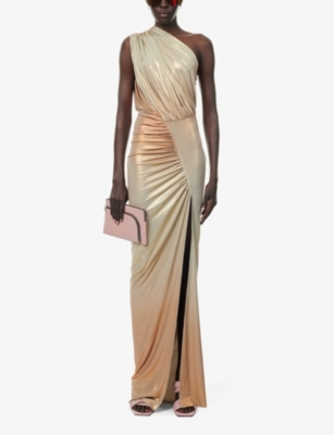 Shop Rick Owens Lillies Women's Tangerine Degrade Hera Asymmetric-neck Metallic Stretch-woven Maxi Dress