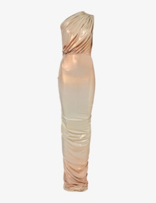 Shop Rick Owens Lillies Women's Tangerine Degrade Hera Asymmetric-neck Metallic Stretch-woven Maxi Dress