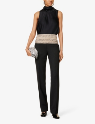 Shop Stella Mccartney Women's Black Crystal Belt Bead-embellished Mid-rise Straight-leg Wool Trousers