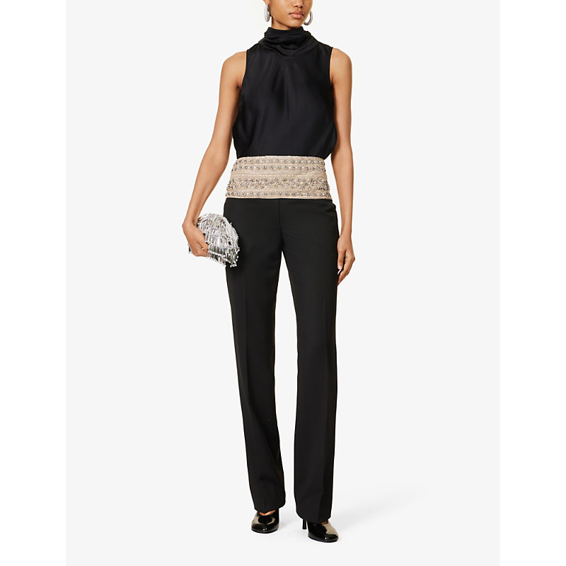 Shop Stella Mccartney Crystal Belt Bead-embellished Mid-rise Straight-leg Wool Trousers In Black