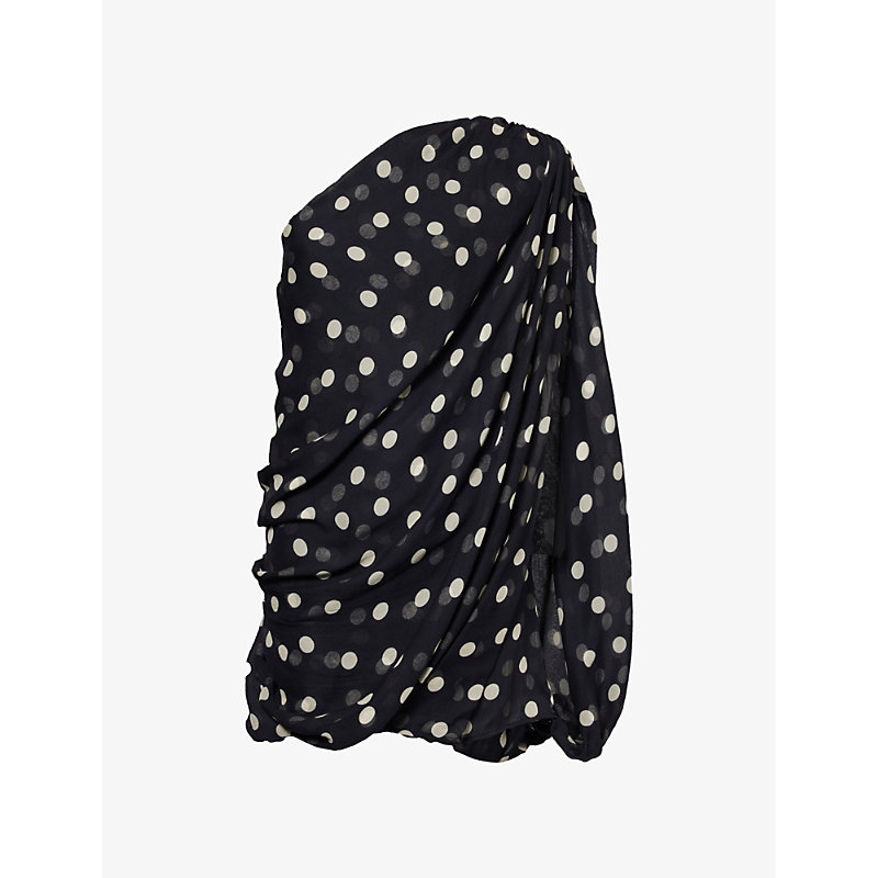 Shop Stella Mccartney Polka-dot Asymmetric-neck Silk-crepe Mini Dress In Black Cream