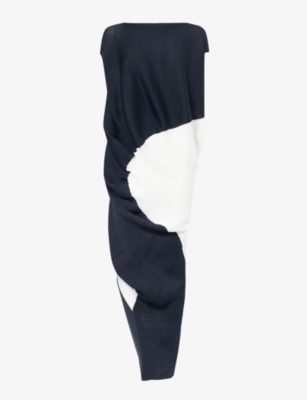 Issey Miyake Aerate Contrast-panel Knitted Midi Dress In Dk Navy White