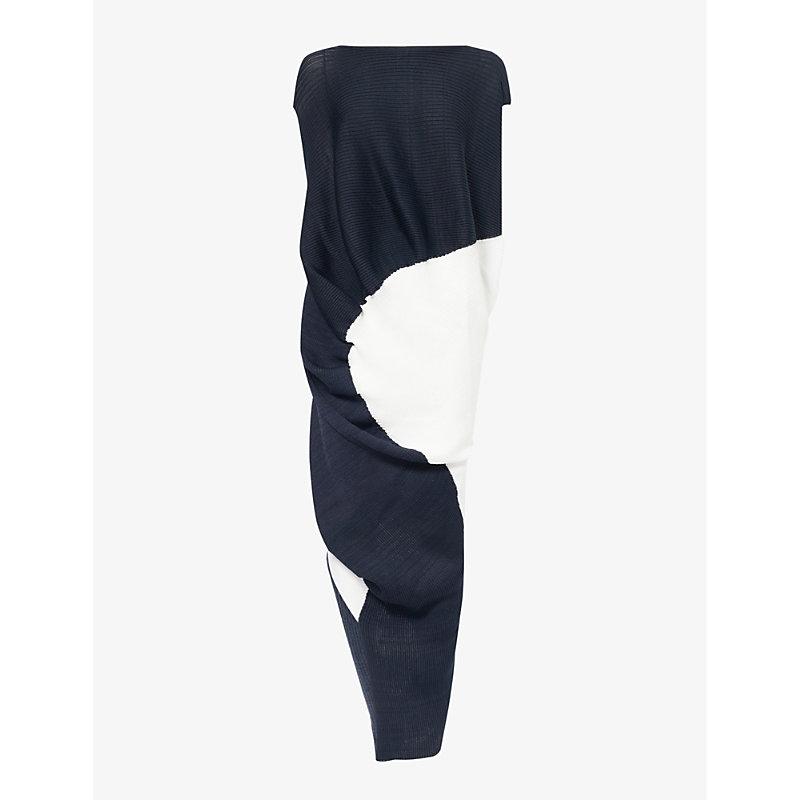 Issey Miyake Aerate Contrast-panel Knitted Midi Dress In Dk Navy White