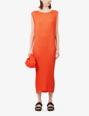 Shop Issey Miyake Diffused Pleated Satin Midi Dress In Orange