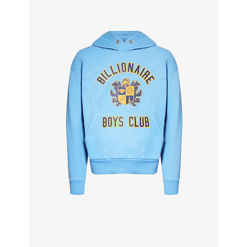 Shop Billionaire Boys Club Crest Branded-print Cotton-jersey Hoody In Blue