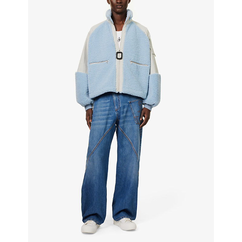 Shop Jw Anderson Men's Light Blue Contrast-panel Fleece-texture Woven Jacket