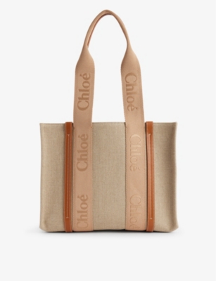 Shop Chloé Chloe Womens Soft Tan Woody Medium Logo-jacquard Canvas Tote Bag