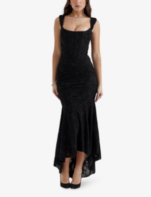 House Of Cb Womens Black Cesca Floral-print Corseted Stretch-woven Maxi Dress In Black