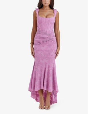 HOUSE OF CB OF CB WOMENS ROSE PINK CESCA FLORAL-PRINT CORSETED STRETCH-WOVEN MAXI DRESS XS 