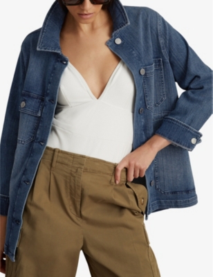 Shop Reiss Women's Mid Blue Clayton Patch-pocket Regular-fit Stretch-denim Overshirt