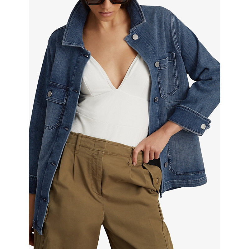Shop Reiss Womens Mid Blue Clayton Patch-pocket Regular-fit Stretch-denim Overshirt