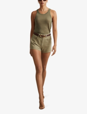 Shop Reiss Women's Khaki Colorado Regular-fit High-rise Cotton-blend Shorts