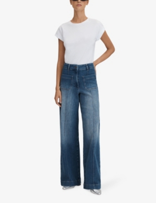 Shop Reiss Women's Mid Blue Kira Contrast-stitch Wide-leg Mid-rise Cotton-blend Jeans