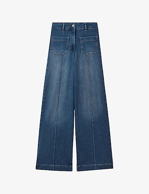 REISS: Kira contrast-stitch wide-leg mid-rise cotton-blend jeans