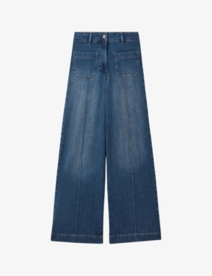 Shop Reiss Women's Mid Blue Kira Contrast-stitch Wide-leg Mid-rise Cotton-blend Jeans