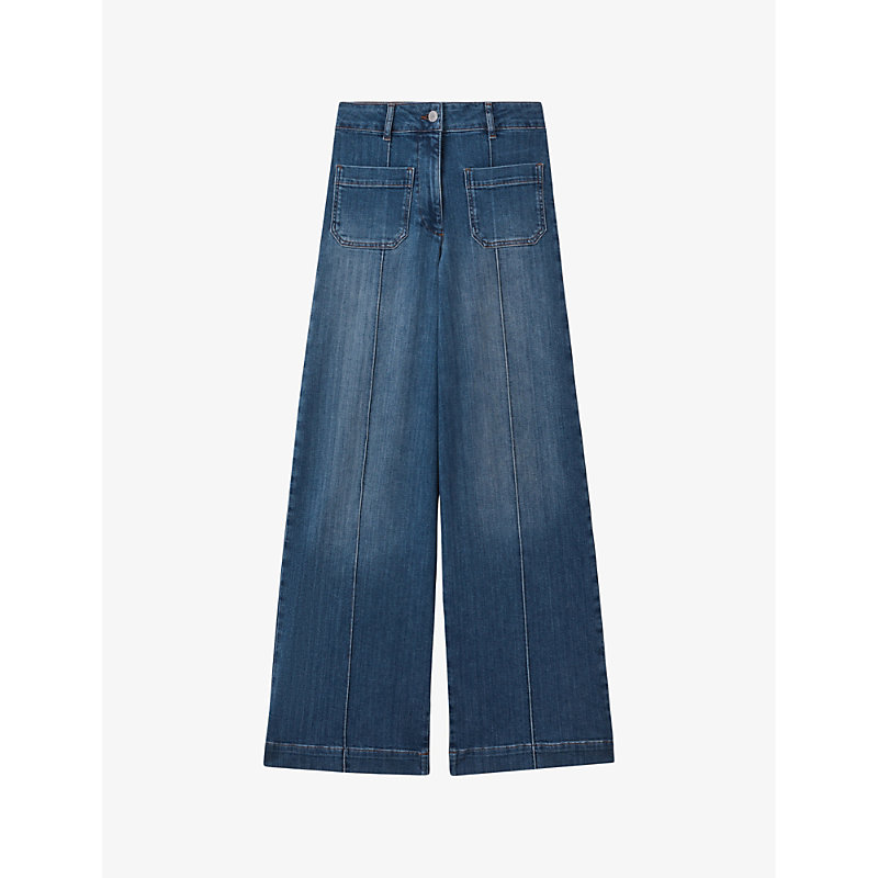 Shop Reiss Womens Mid Blue Kira Contrast-stitch Wide-leg Mid-rise Cotton-blend Jeans