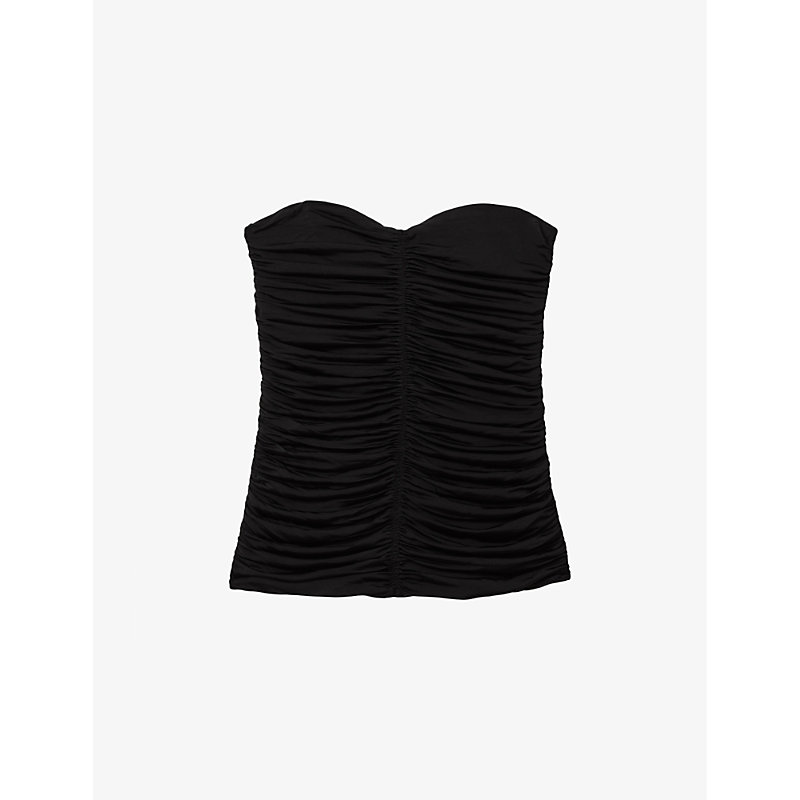 Shop Reiss Marina Ruched-front Strapless Stretch-woven Top In Black