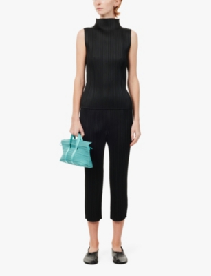 Shop Issey Miyake Pleats Please  Women's Black Pleated Straight-leg Mid-rise Knitted Trousers