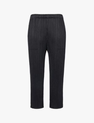 Shop Issey Miyake Pleats Please  Women's Black Pleated Straight-leg Mid-rise Knitted Trousers