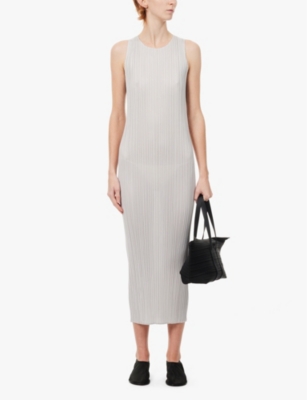 Issey Miyake Basics Pleated Midi Dress In Light Gray