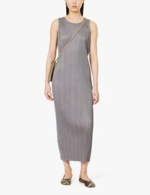 Shop Issey Miyake Pleated Round-neck Knitted Midi Dress In Grey