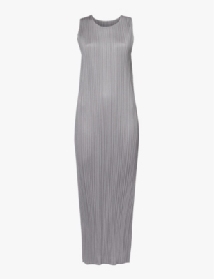 Shop Issey Miyake Pleated Round-neck Knitted Midi Dress In Grey