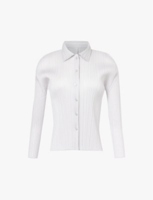 Shop Issey Miyake Pleats Please  Women's Light Gray Pleated Collared Knitted Shirt