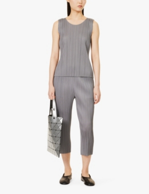 Shop Issey Miyake Pleats Please  Women's Grey Basic Sleeveless Pleated Knitted Jersey Top