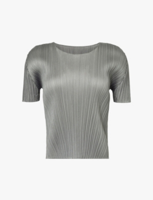 Shop Issey Miyake Pleats Please  Women's Grey Basics Slim-fit Knitted T-shirt