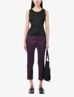 Shop Issey Miyake Pleated Mid-rise Straight-leg Knitted Trousers In Purple