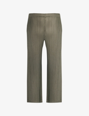 Shop Issey Miyake Pleats Please  Women's Khaki Pleated Straight-leg Mid-rise Knitted Trousers