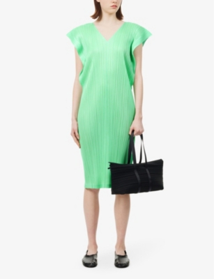 Shop Issey Miyake Pleats Please  Womens Mint Green V-neck Pleated Knitted Midi Dress